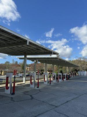 Tesla charging stations in the parking lot