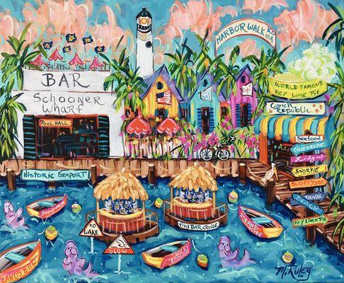 The historic Key West harbor acrylic painting by Maggie Ruley, local Key West artist and gallery owner, Maggie Ruley.