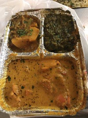 Chicken tikki masala w/ 2 veggie side dish. Came with 1 piece of naan bread, rice and side salad.