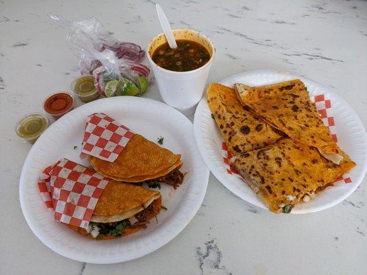 2 birria taco special with small consomé and birria quesadilla.