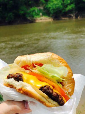 Our delicious 6oz all beef patty river burger with L, T & K! (Lettuce, Tomato & Ketchup)