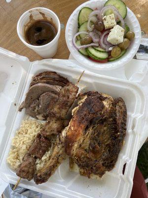 Chicken, lamb, pork and Greek salad