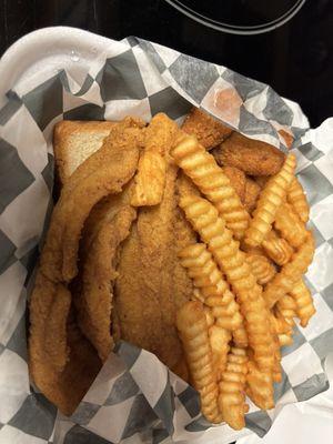 Catfish and fries and hush puppies