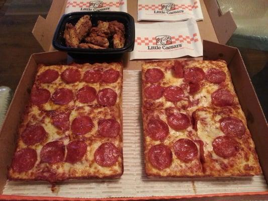 Hot-N-Ready Deep Dish Pizza with an order of Lemon and Pepper Wings; one heck of a meal !!