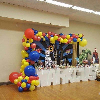 Custom name sweets tables balloons and backdrops