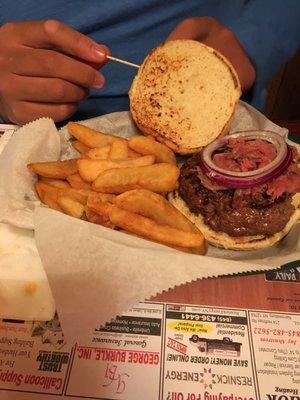 Pastrami burger and fries