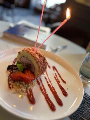 They brought out a free strawberry dessert for my birthday. Very yummy!