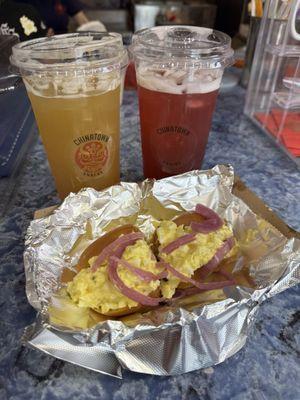 Egg Salad Sando, Lychee Tea, Dragon Fruit Tea