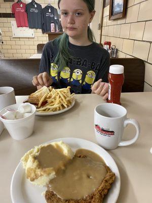 (top) BLT and fries, (mine) country fried steak and mashed potatoes... when in Rome...