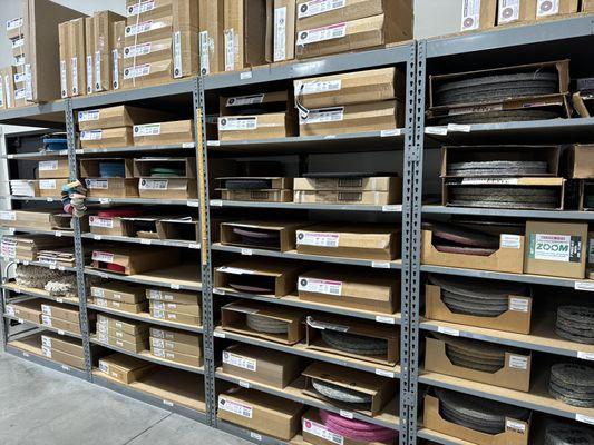 Many sizes and colors of floor pads. Including diamond pads for stone care.