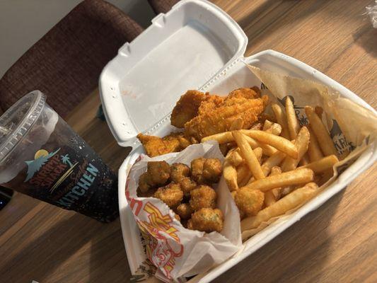 Spicy Flounder Basket with fries and okra