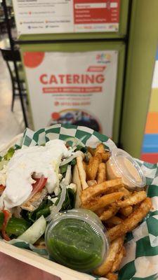 Chicken Gyro Pita with French Fries plus green hot sauce