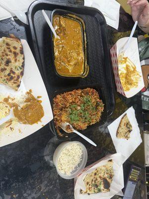 Biryani with goat, Chicken Tikka Masala and Naan