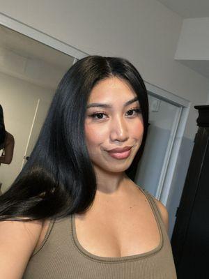 Front lace, mid-length, straight, human hair wig.