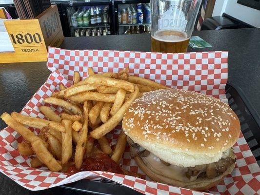 Mushroom and Swiss with fries.