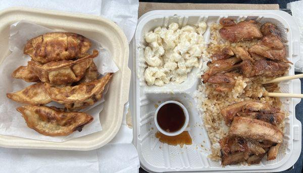Chicken teriyaki with macaroni salad and gyoza.