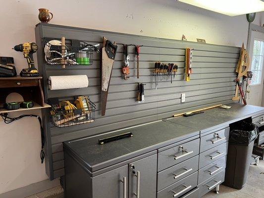 Garage cabinets and slatwall.