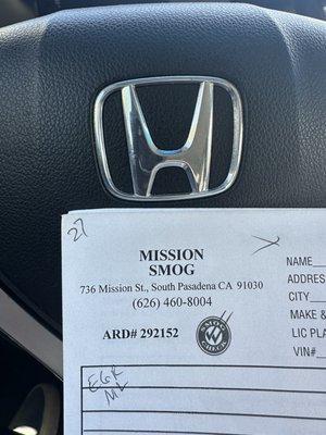 Mission Smog receipt .