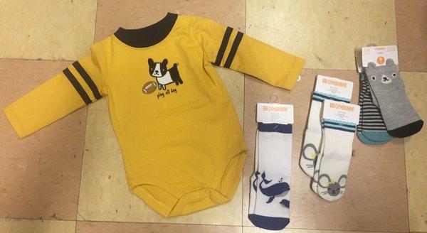 Onesie 7.99, mouse socks 1.99/pair, bear/stripe socks 4.99 for both sets, whale socks (my only non-clearance piece) 40% off 5.95 tag.