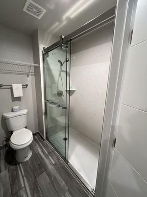 7 foot glass barn shower doors at a 2 star motel