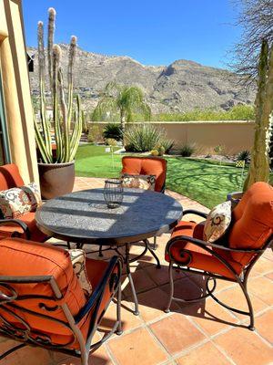 Refreshed outdoor seating with a beautiful vibrant Sunbrella fabric to complement outdoor tiling as requested by client.
