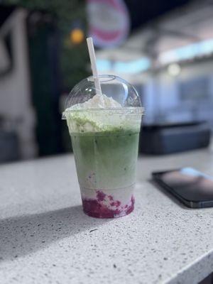 Strawberry matcha with fresh blended strawberries