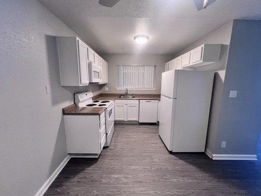 1x1 Kitchen-fridge, dishwasher, stove, and microwave.