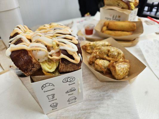 Shrimp Egg Drop sandwich with pot stickers and egg rolls