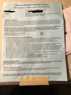 When they don't pay the water bill that gets sent to them, (I moved in 3 months before this) you get these nice shutoff notices.
