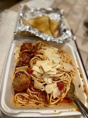 Added lots of chili flakes and shaved Parmesan to the spaghetti and meatballs!