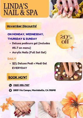 Call us now to make an appointment and start using discounts to get your nails and toes done!