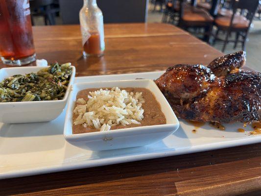 Delicious Thai Chile Roasted Chicken, flavorful callard greens and tasty red beans & rice with a hint of smoke.