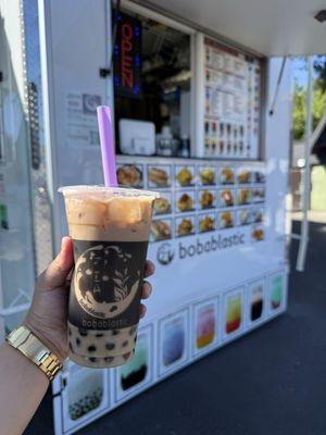 Iced creamy lavender milk tea w/ honey boba