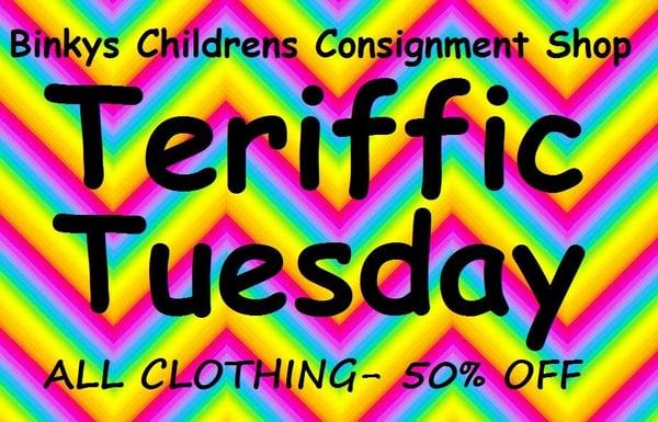 Every Tuesday all clothing is 50% off!