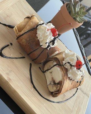 Banana split crepe burrito