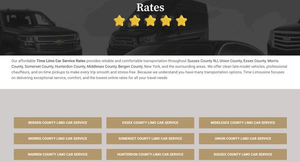 Our affordable Time Limo Car Service Rates provides reliable and comfortable transportation throughout All County in New Jersey an NY areas.