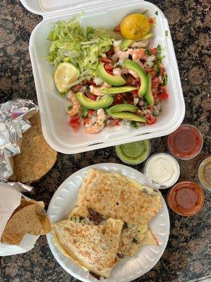 Two shrimp ceviche tostadas and a half steak quesadilla. All for $15. Not bad. Solid quality for the price.