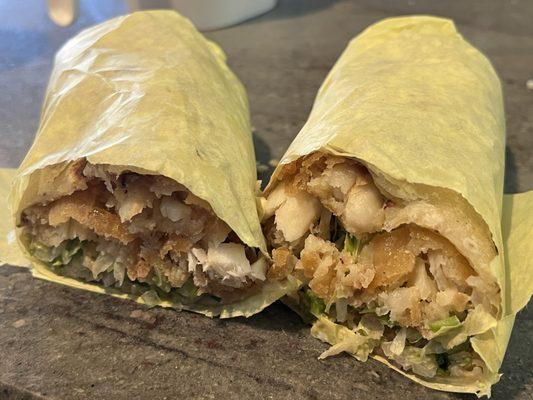 11.9.25 Fish Burrito Con Crema... so delicious! Perfectly fried with the best batter!