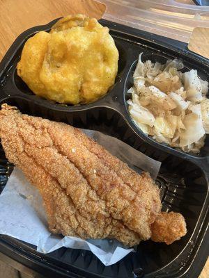 Catfish Stewed cabbage and fried green tomatoes