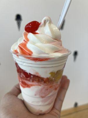 My pineapple fluff creation - sundae with honeymoon and marshmallow fluff using strawberry + vanilla soft serve