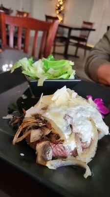 Steak topped with Asiago and mushrooms @_thencfoodie_