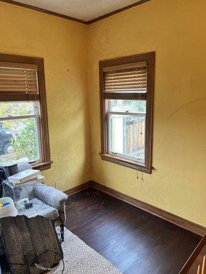 The whole upper corner needed patch paint and plaster. He matched everything.