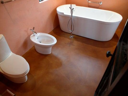 Beautiful stained overlay for low maintenance easy clean bathroom!