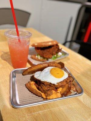 Holy Chicken! Waffle Sandwich (front) and Kickin' "Nashville" Hot Waffle Sandwich (back), Strawberry lemonade