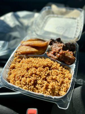 Joloff rice with goat and plantains