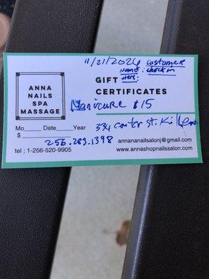 Gift for customers comin check in Anna Nails Spa 334 Center Star Ln , Killen . Al 35645 phone : 1-256-283-1398