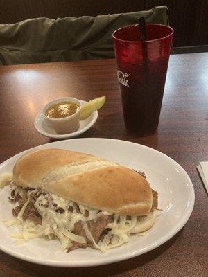 Italian Roast Beef with au jus ,dill pickle and Diet Coke for about $11.00 plus tax and tip. Pretty good deal.