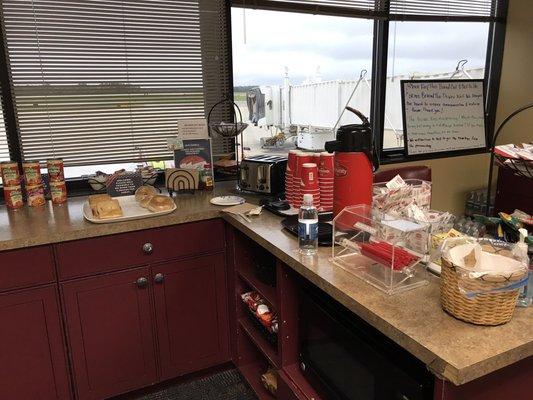 Coffee and some breakfast food/snacks