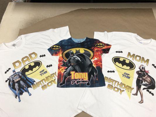 Birthday party shirts... Full dye sublimation or direct to garment. Call us to design your birthday shirt.