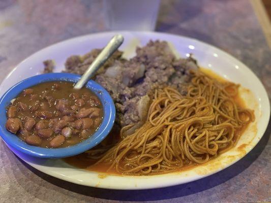 Piccadillo, fideo & charro beans